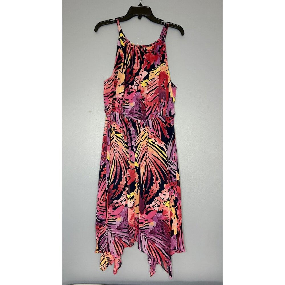 Lane Bryant Dress 14/16 Multicolor Floral Palm Handkerchief Hem Tropical Flowy